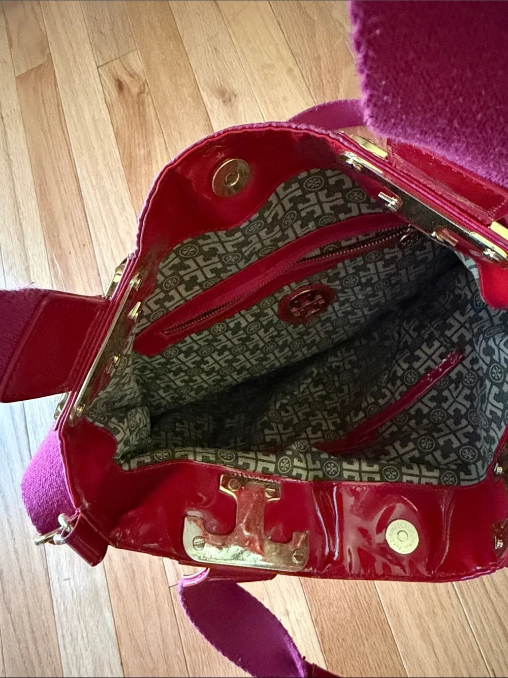 Tory Burch Fuchsia Nylon Tote with Red Patent Trim